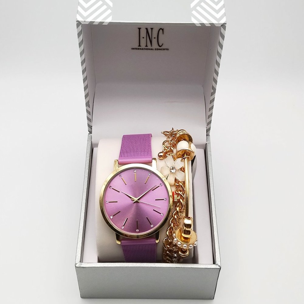 INC International Concepts Watch Set- Gold/Purple Mesh Band 2 Gold Tone Bracelet
